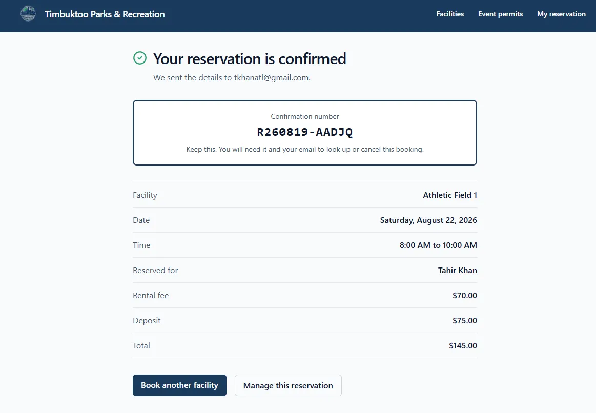 Reservation confirmation page with a confirmation number