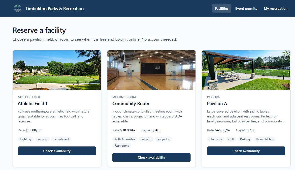 Resident view of a city's reservable facilities with photos, rates, and amenities