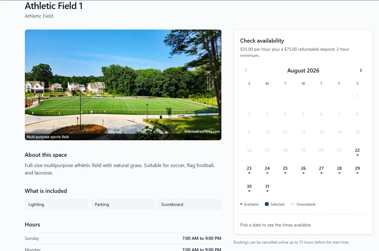 Facility page with a live availability calendar