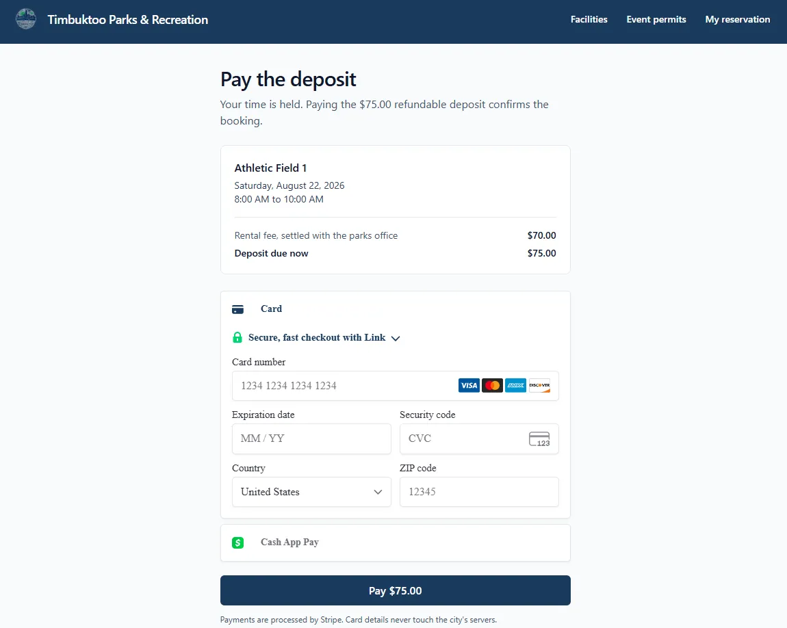 Deposit payment page with a secure Stripe card form