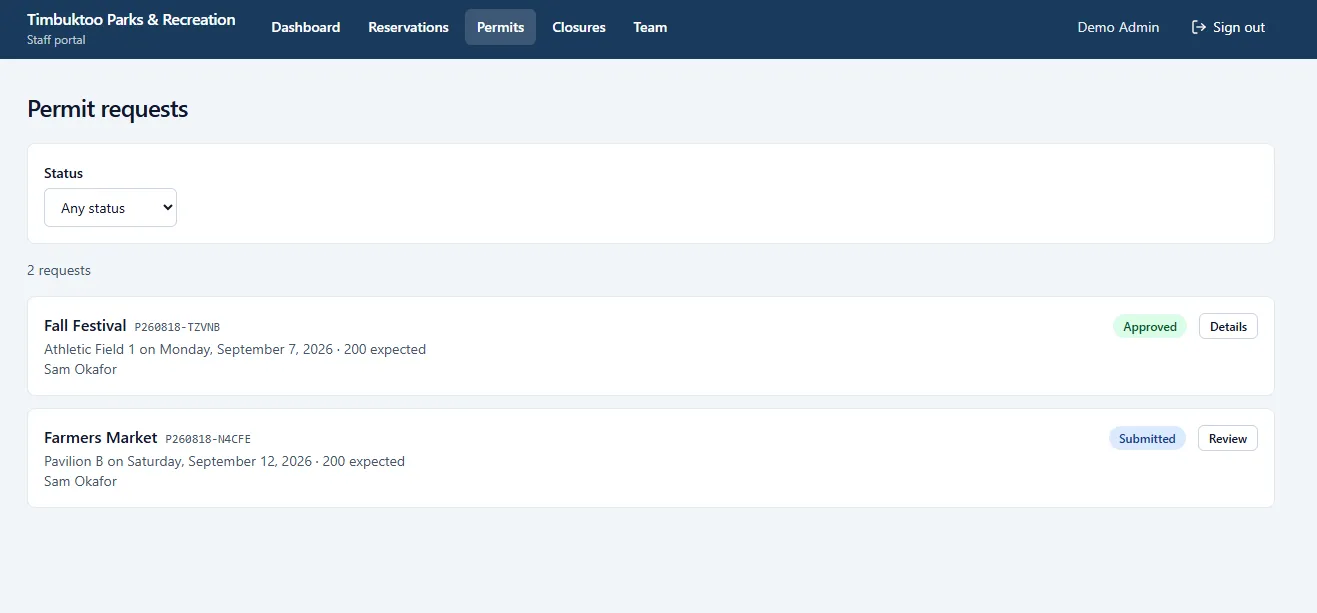 Permit requests queue with approved and submitted statuses